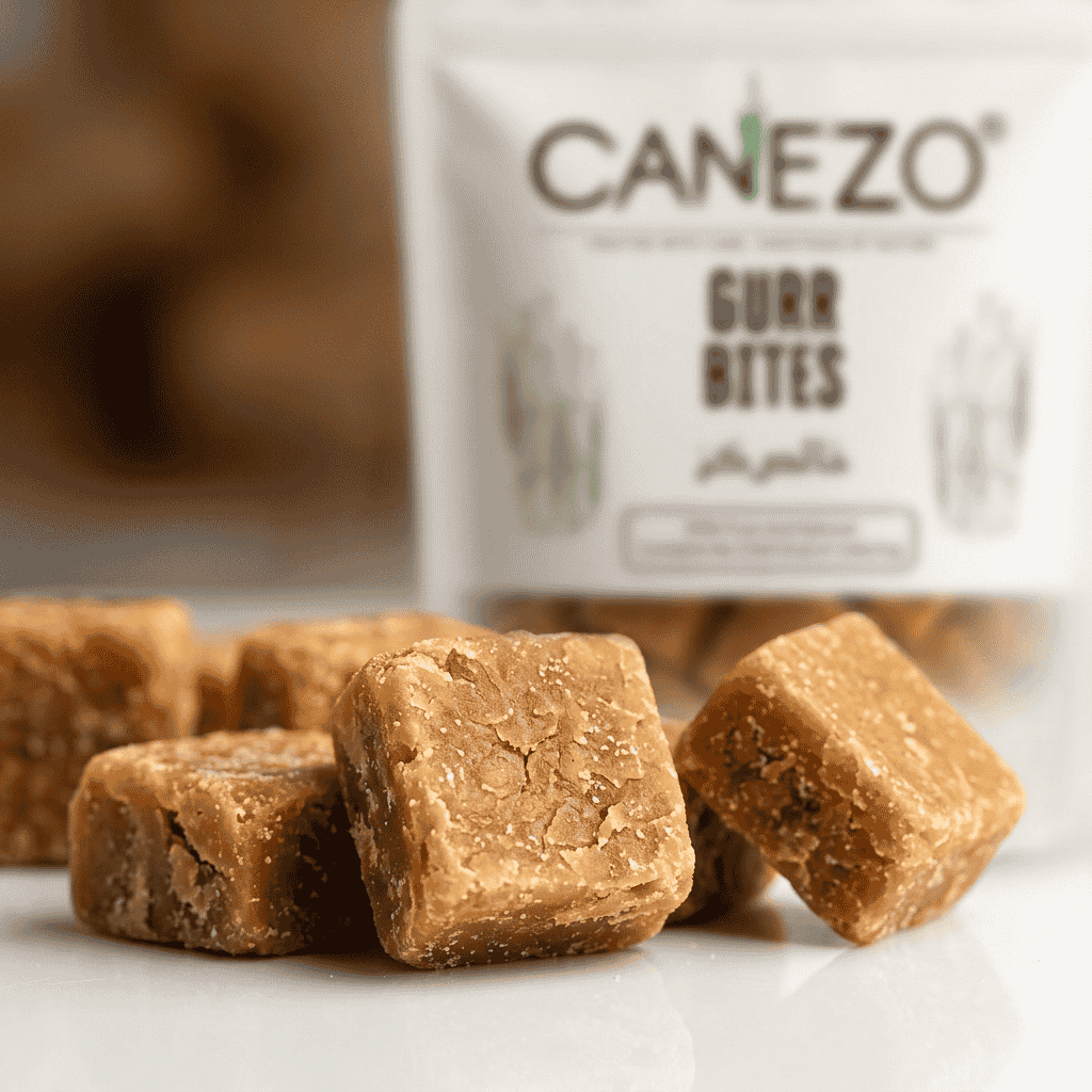 Close up golden brown jaggery cubes Canezo desi gurr bites natural