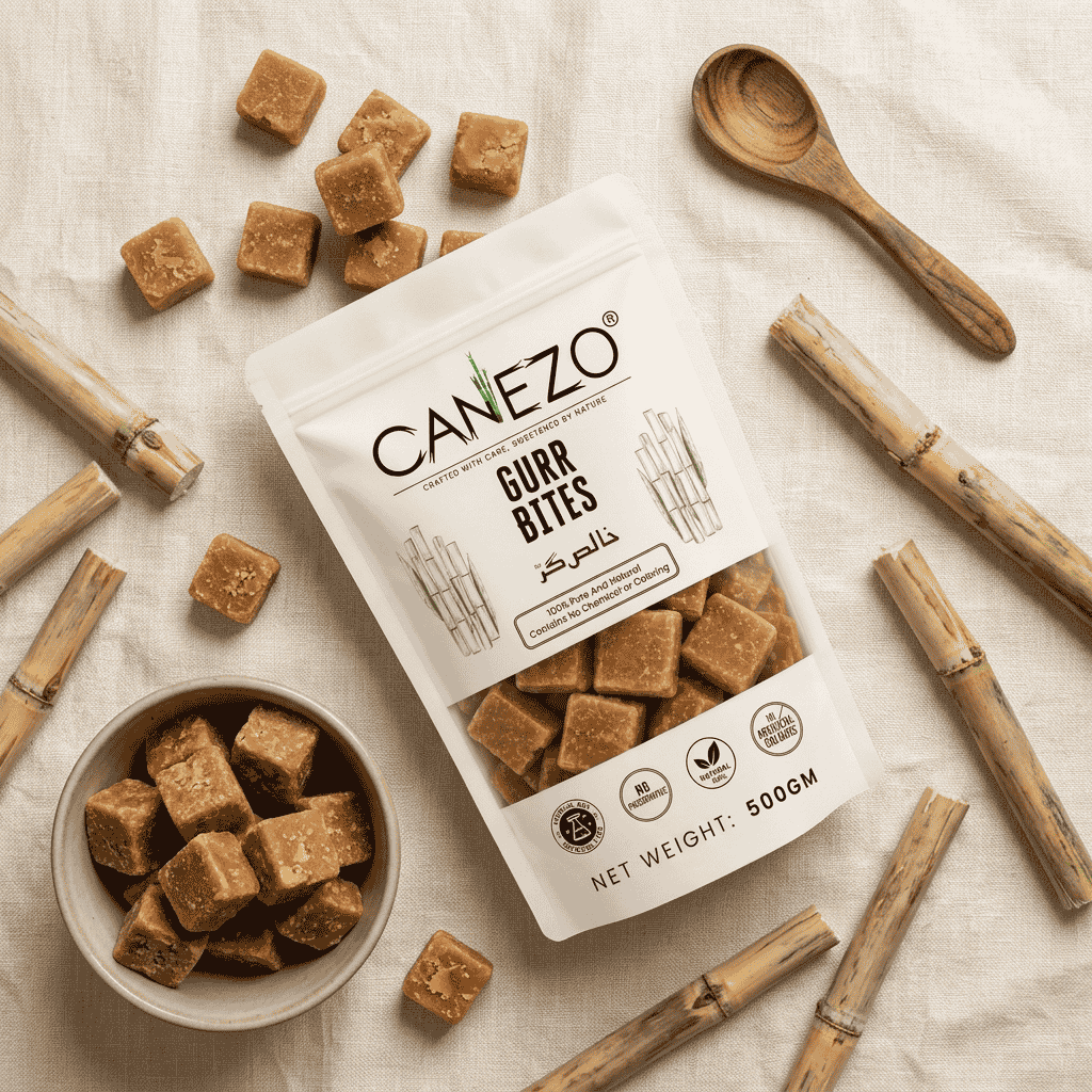 Canezo desi gurr bites flat lay jaggery cubes sugarcane Pakistan
