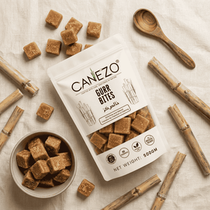 Canezo desi gurr bites flat lay jaggery cubes sugarcane Pakistan